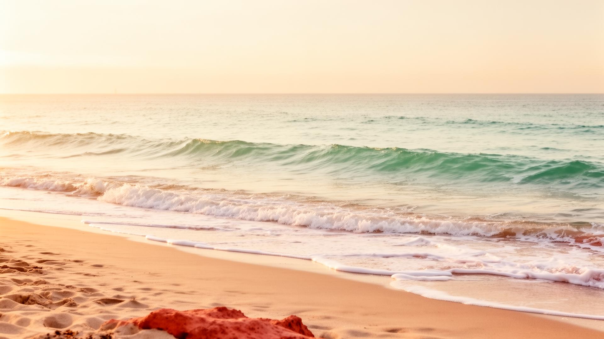 Soft waves rolling onto a warm Santa Monica beach at golden hour